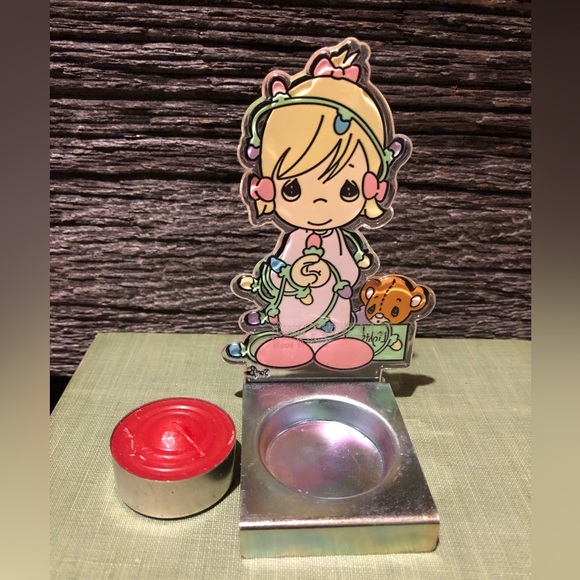 1995 Precious Moments Christmas t-light holder Xmas lights Pastel big eyes sad🩵 - Picture 7 of 12